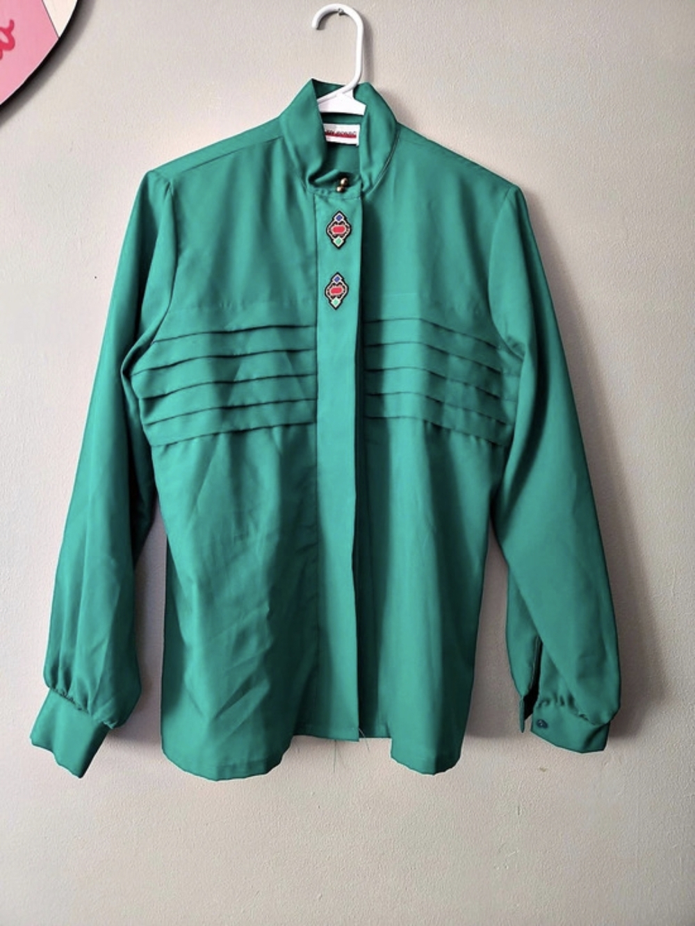 Judy Bond Embroidered Button Front Blouse in Green Size Medium